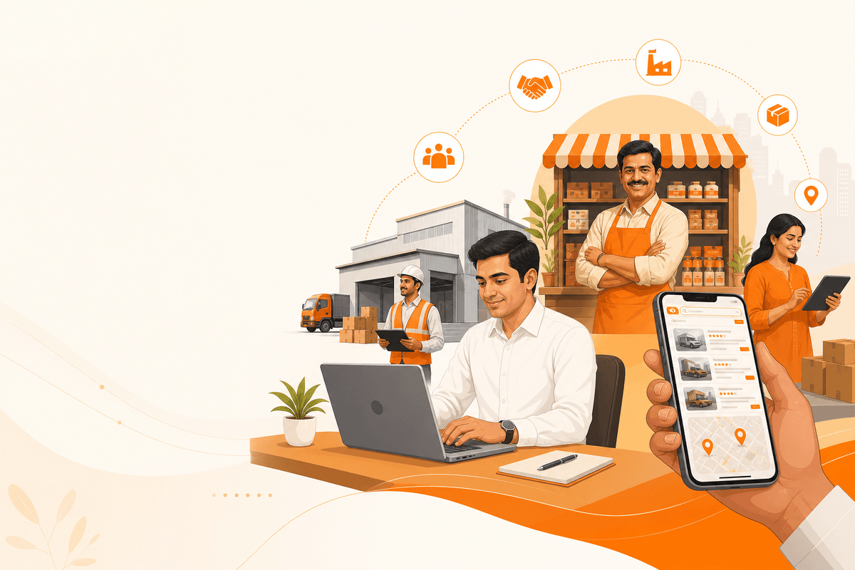 A shopkeeper, a buyer and a warehouse worker connected through the Tradexo app